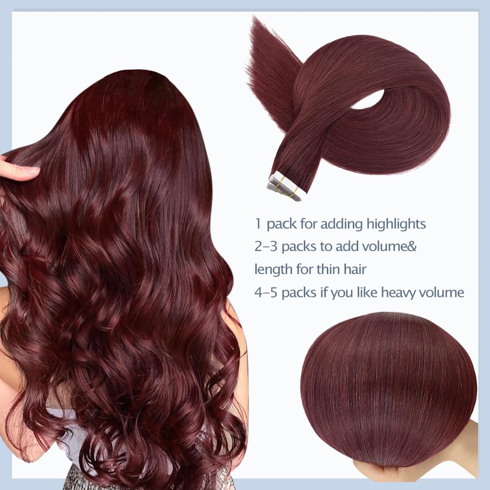EXTENSIONES DE CABELLO TAPE IN LAKAISA 24 PULGADAS COLOR BURDEO CABELLO HUMANO REMY 40G 10 PIEZAS - 3