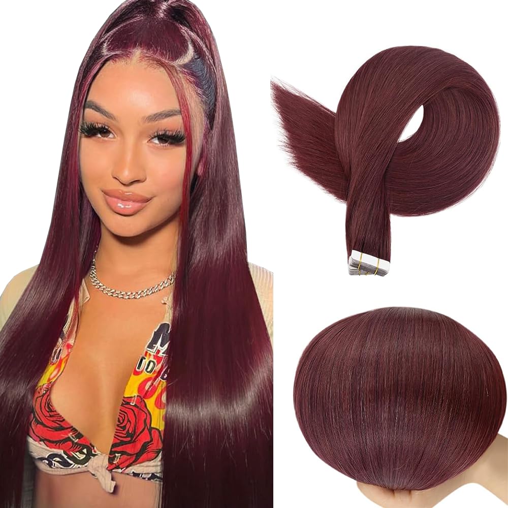 EXTENSIONES DE CABELLO TAPE IN LAKAISA 24 PULGADAS COLOR BURDEO CABELLO HUMANO REMY 40G 10 PIEZAS - 5