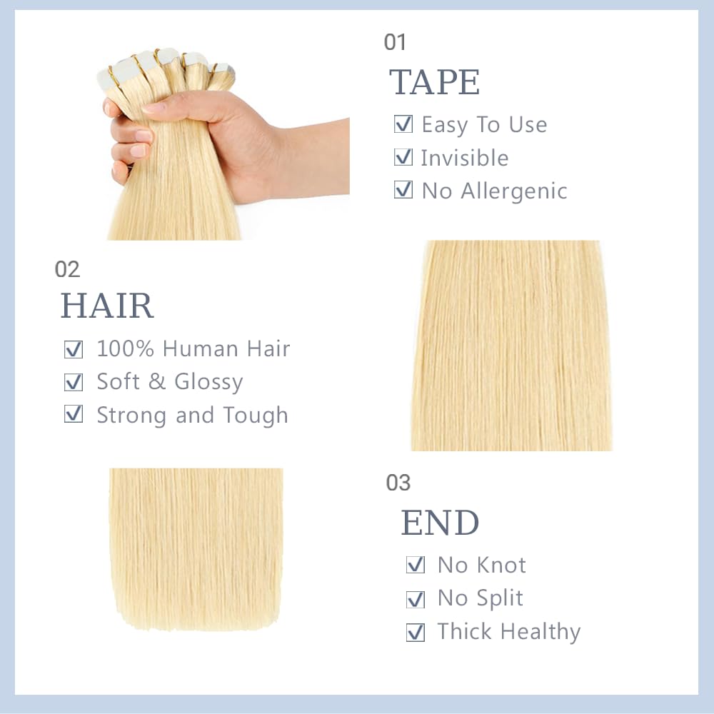 EXTENSIONES DE CABELLO TAPE IN RUBIO 613 20 PULGADAS CABELLO HUMANO REMY 40G 10 PIEZAS - 3