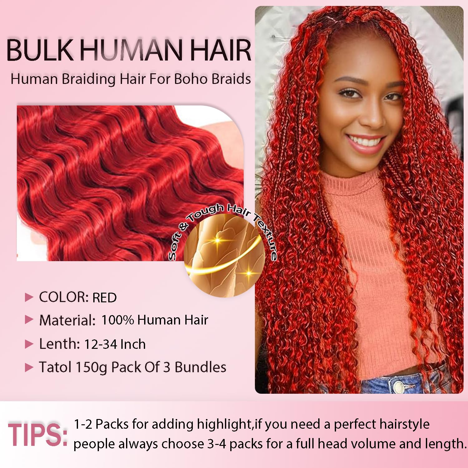 CABELLO PARA TRENZAS LAKAISA BOHO ROJO VINO ONDULADO 18 PULGADAS 150G 3 PAQUETES - 4