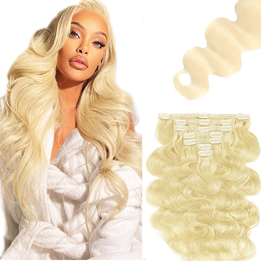 EXTENSIONES DE CABELLO CLIP-IN RUBIO #613 14 PULGADAS 120G 7 PIEZAS ONDAS CUERPO CABELLO HUMANO REMY - 1