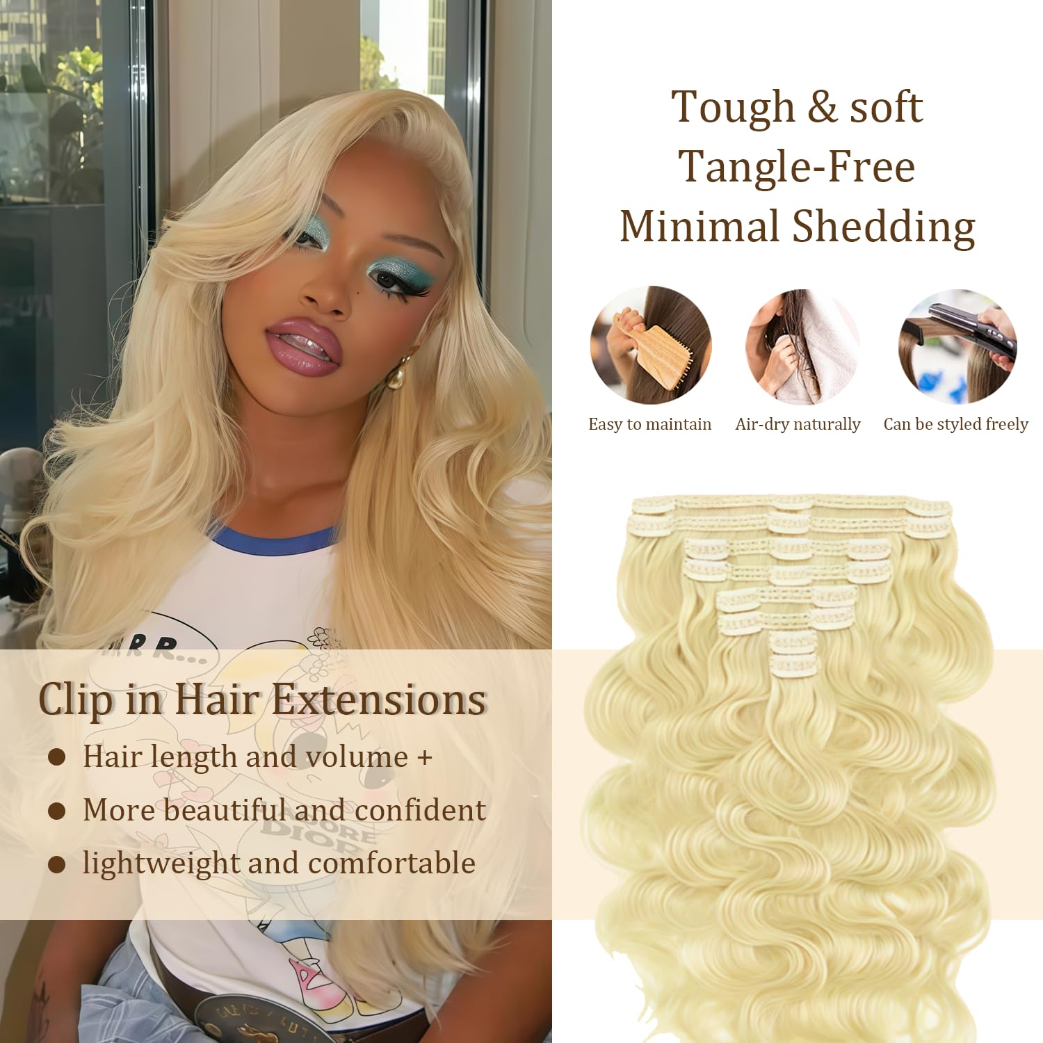 EXTENSIONES DE CABELLO CLIP-IN RUBIO #613 14 PULGADAS 120G 7 PIEZAS ONDAS CUERPO CABELLO HUMANO REMY - 3