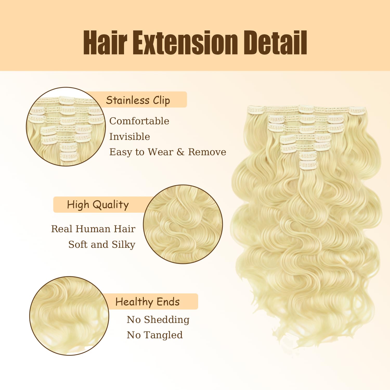 EXTENSIONES DE CABELLO CLIP-IN RUBIO #613 14 PULGADAS 120G 7 PIEZAS ONDAS CUERPO CABELLO HUMANO REMY - 4