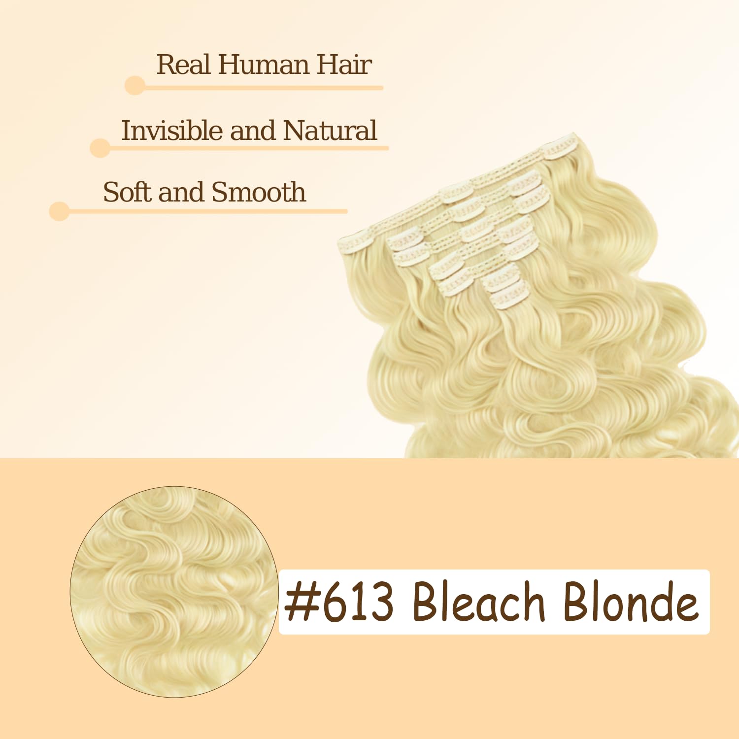 EXTENSIONES DE CABELLO CLIP-IN RUBIO #613 14 PULGADAS 120G 7 PIEZAS ONDAS CUERPO CABELLO HUMANO REMY - 5