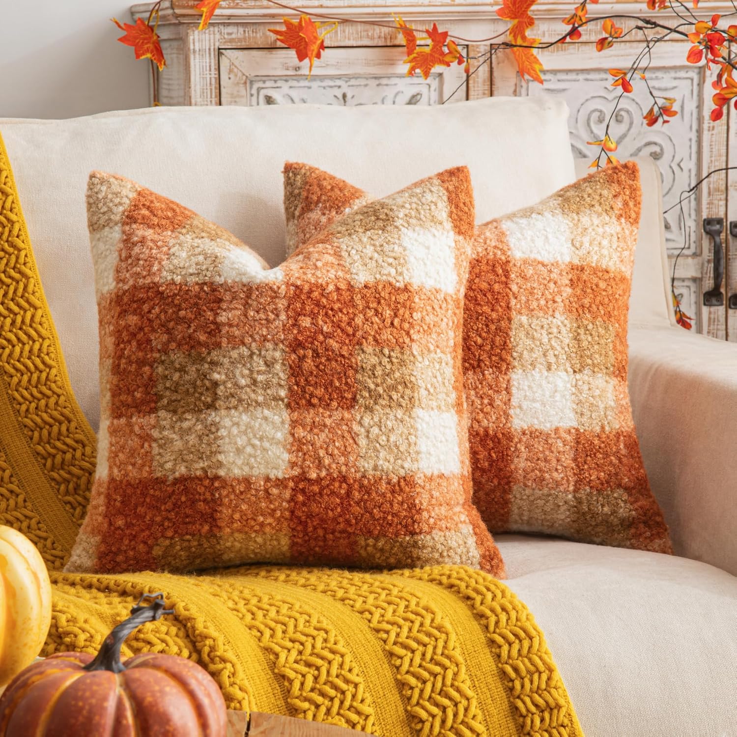 FUNDA DE COJÍN AQOTHES PLAID FALL NARANJA 18X18 PULGADAS SET DE 2 - 1