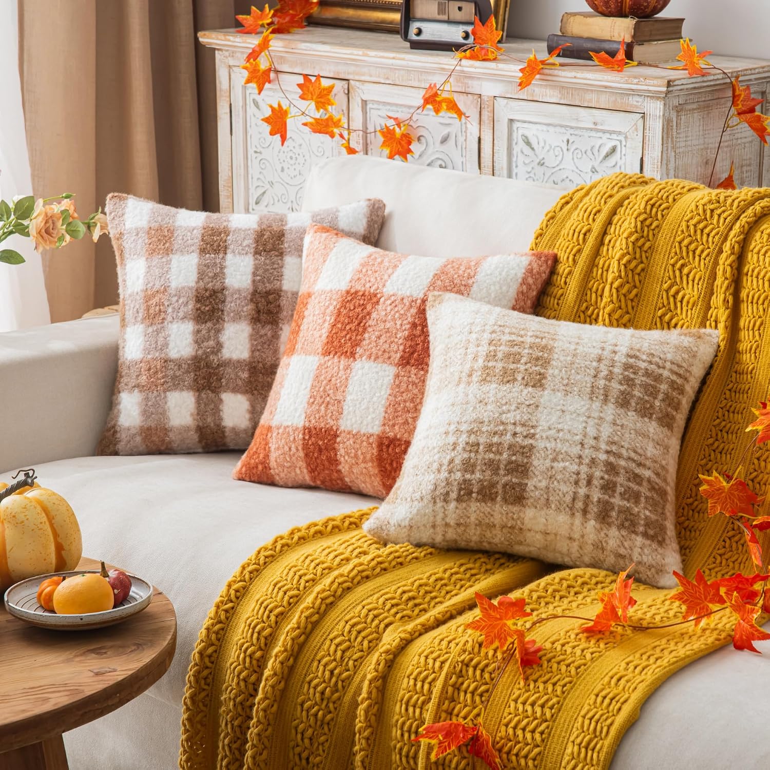FUNDA DE COJÍN AQOTHES CUADRADA TARTÁN NARANJA MARRÓN 18X18 PULGADAS SET DE 2 - 2