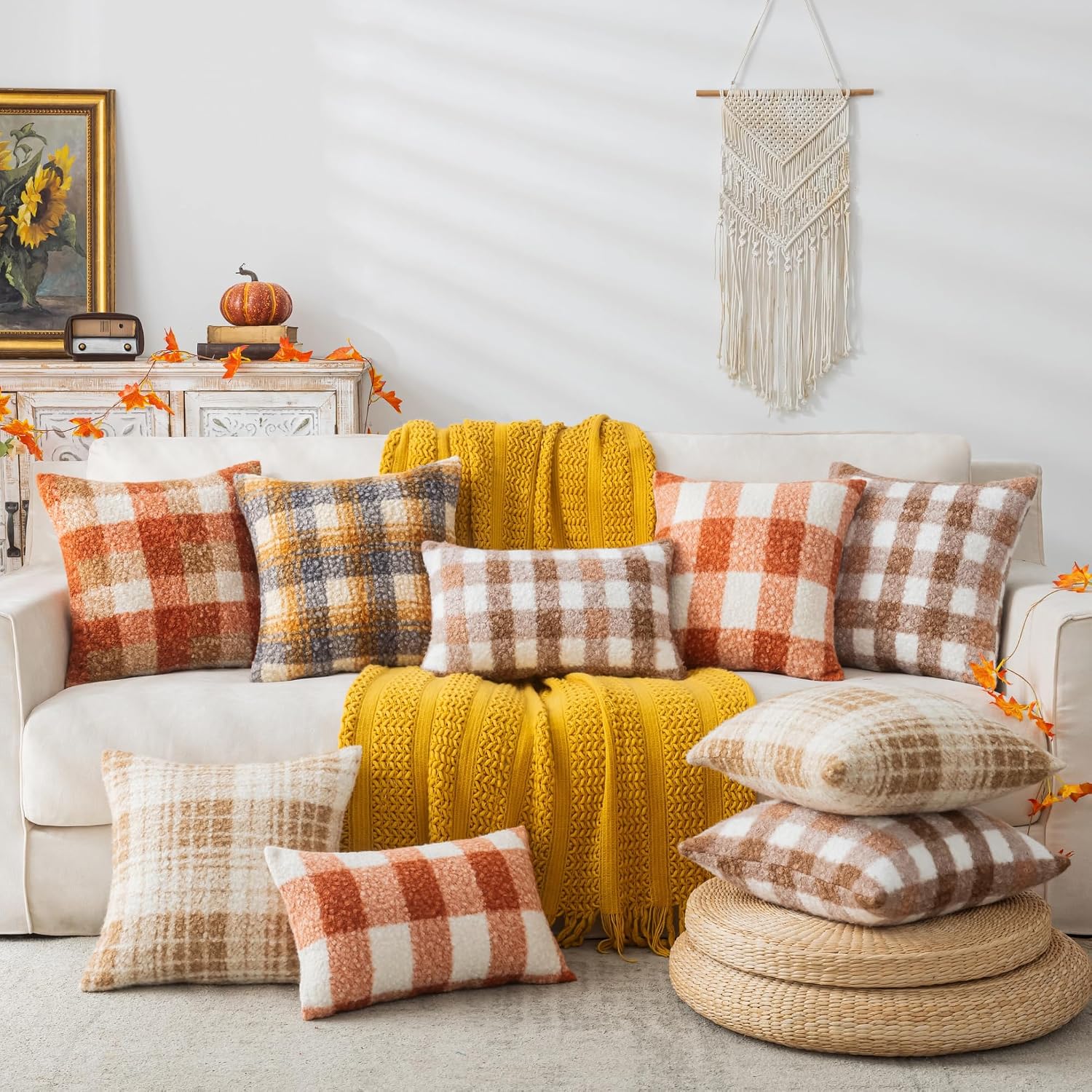 FUNDA DE COJÍN AQOTHES CUADRADA TARTÁN NARANJA MARRÓN 18X18 PULGADAS SET DE 2 - 3