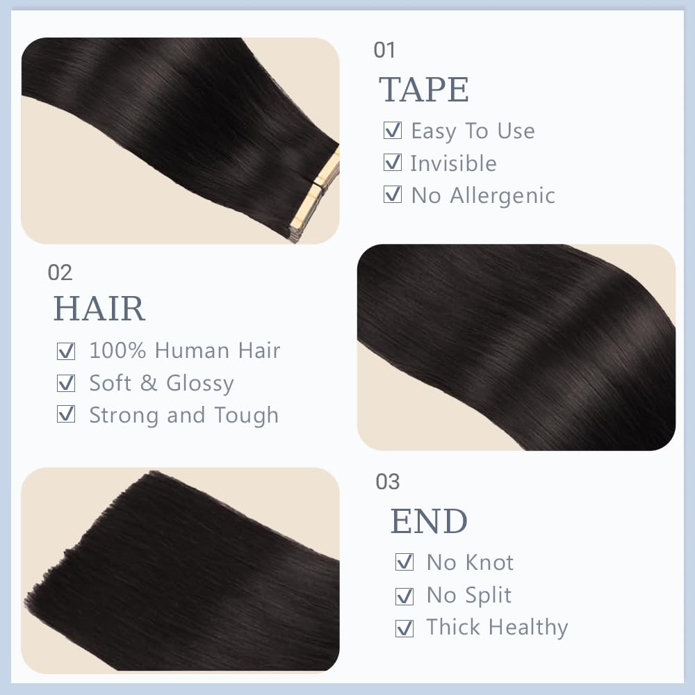 EXTENSIONES DE CABELLO TAPE IN LAKAISA 12 PULGADAS NEGRO NATURAL LISO 40G 10 PIEZAS - 4