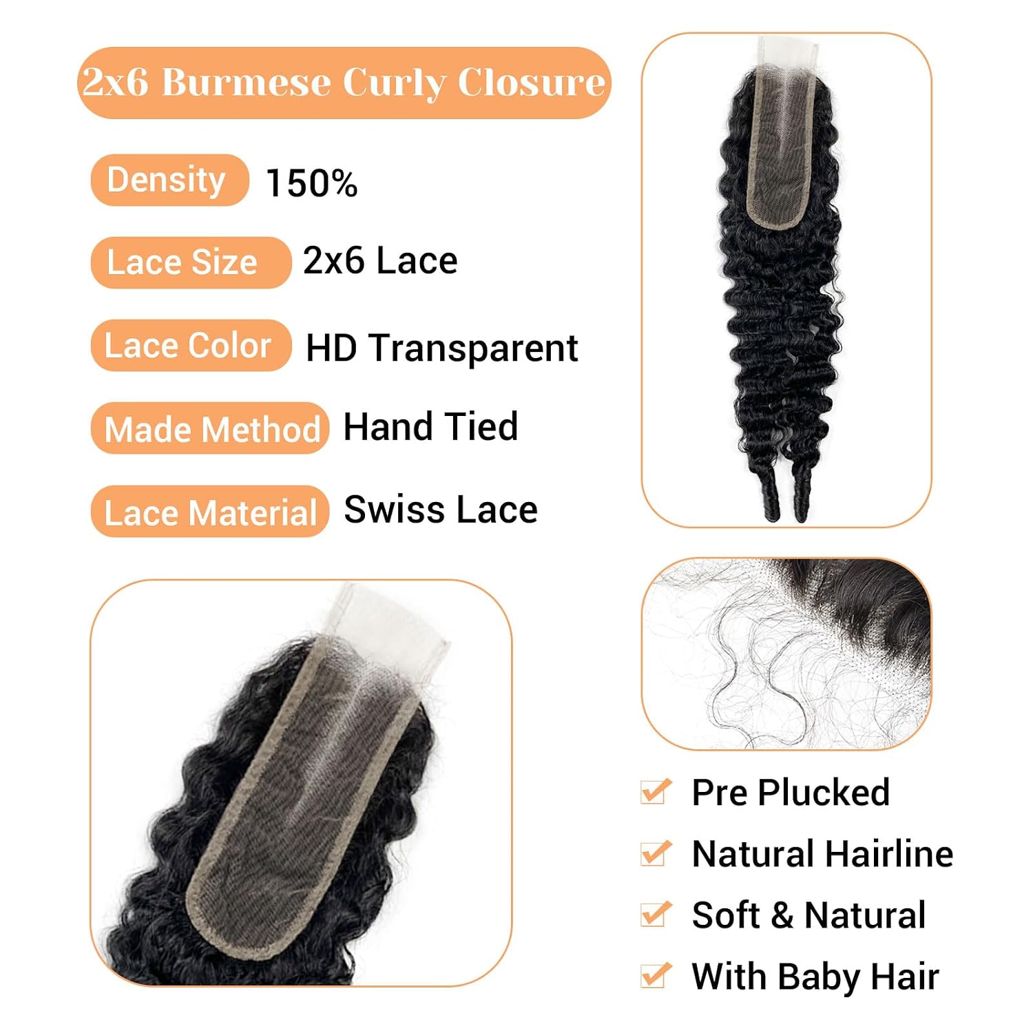 CIERRE 2X6 CABELLO HUMANO RIZADO BIRMANO 16 PULGADAS ENCAJE HD TRANSPARENTE - 2
