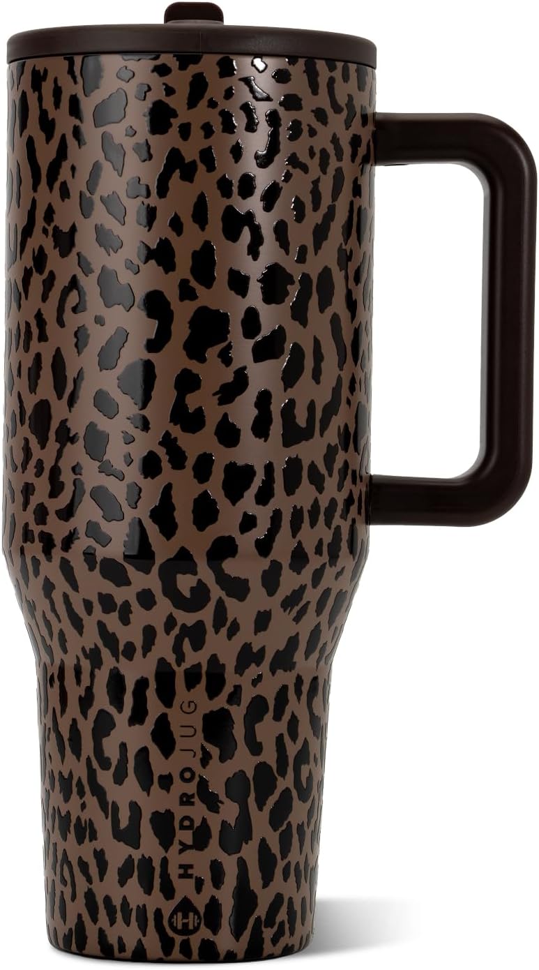VASO TUMBLER HYDROJUG TRAVELER 40OZ CON ASA Y POPOTE, MARRÓN LEOPARDO - 1