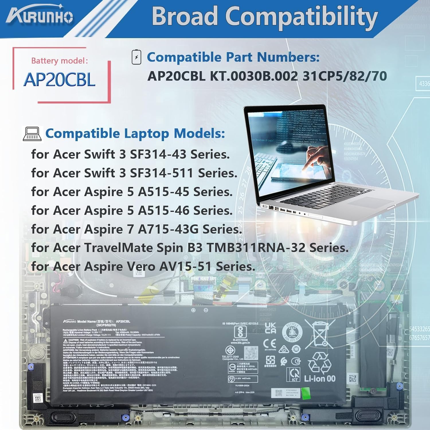 BATERÍA AP20CBL PARA ACER ASPIRE 5 A515-45 A515-46 SWIFT 3 SF314-43 SF314-511 53WH - 5