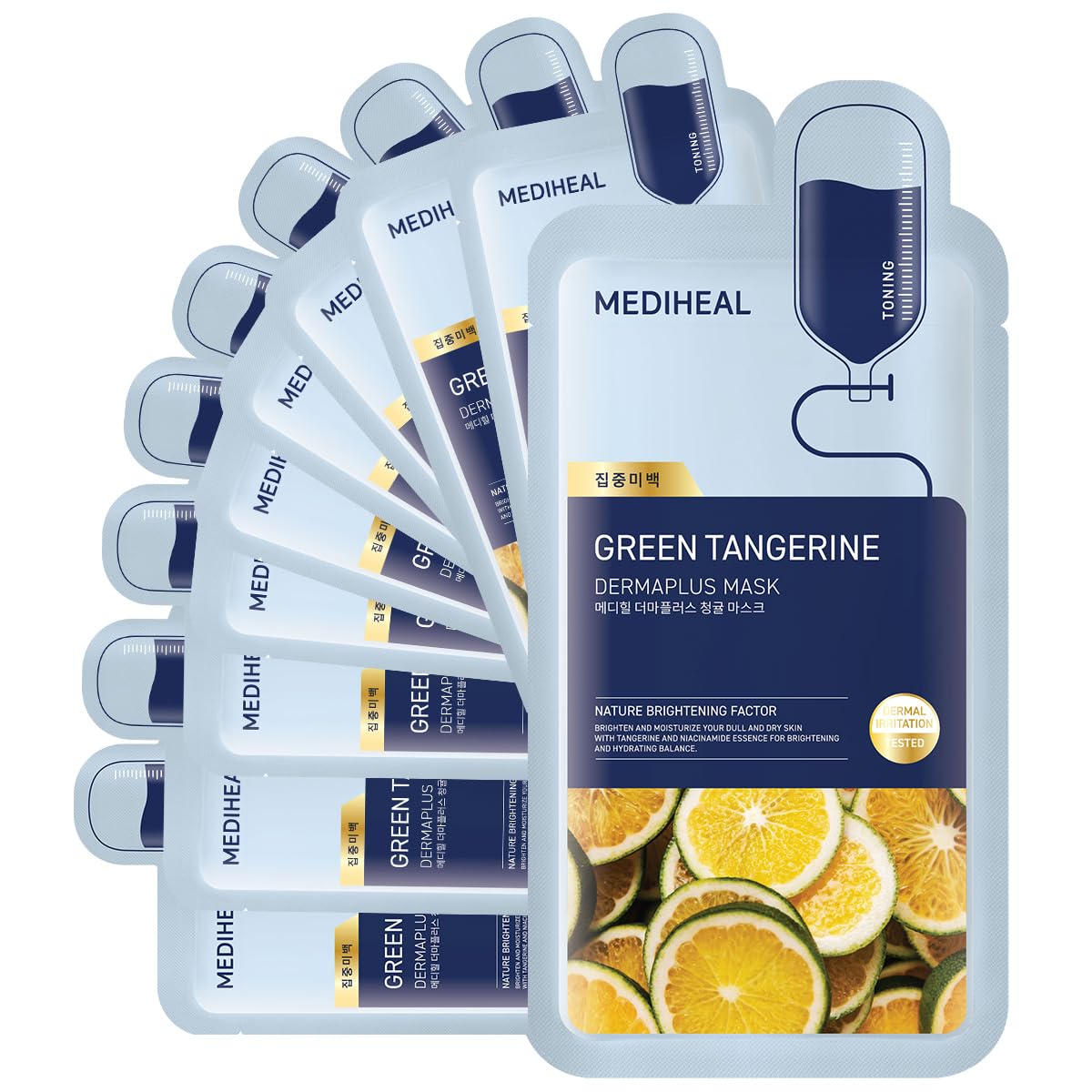 MASCARILLA FACIAL MEDIHEAL DERMAPLUS GREEN TANGERINE TONING MASK 10 UNIDADES - 1