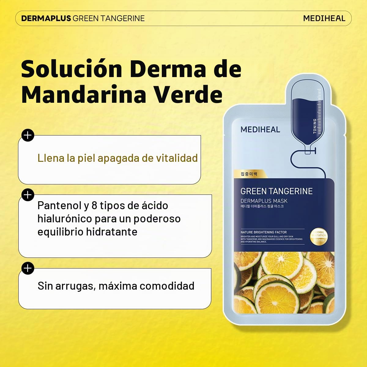 MASCARILLA FACIAL MEDIHEAL DERMAPLUS GREEN TANGERINE TONING MASK 10 UNIDADES - 3