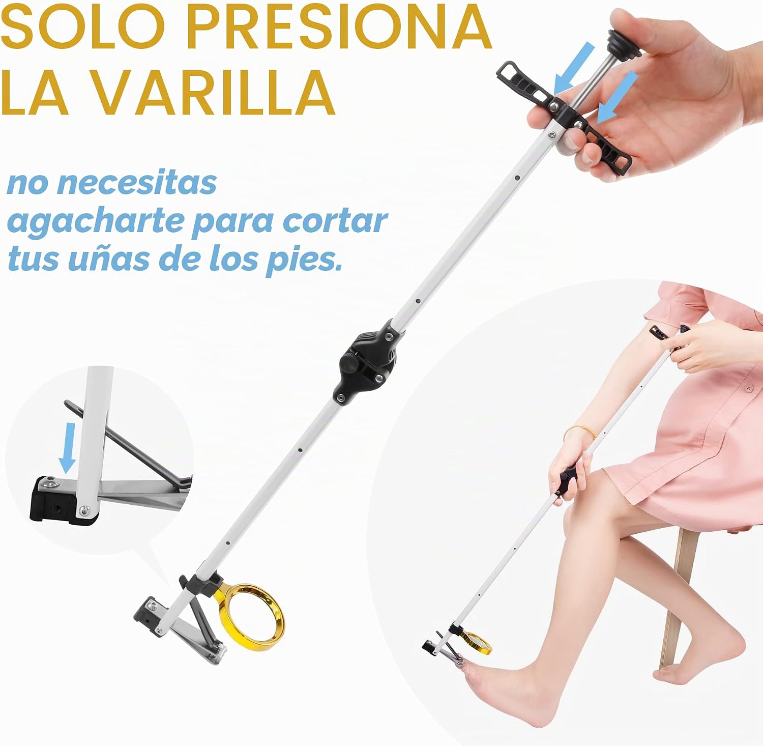CORTAÚÑAS DE PIES PLEGABLE CON MANGO LARGO 32 PULGADAS Y LUPA PARA ADULTOS MAYORES - 3