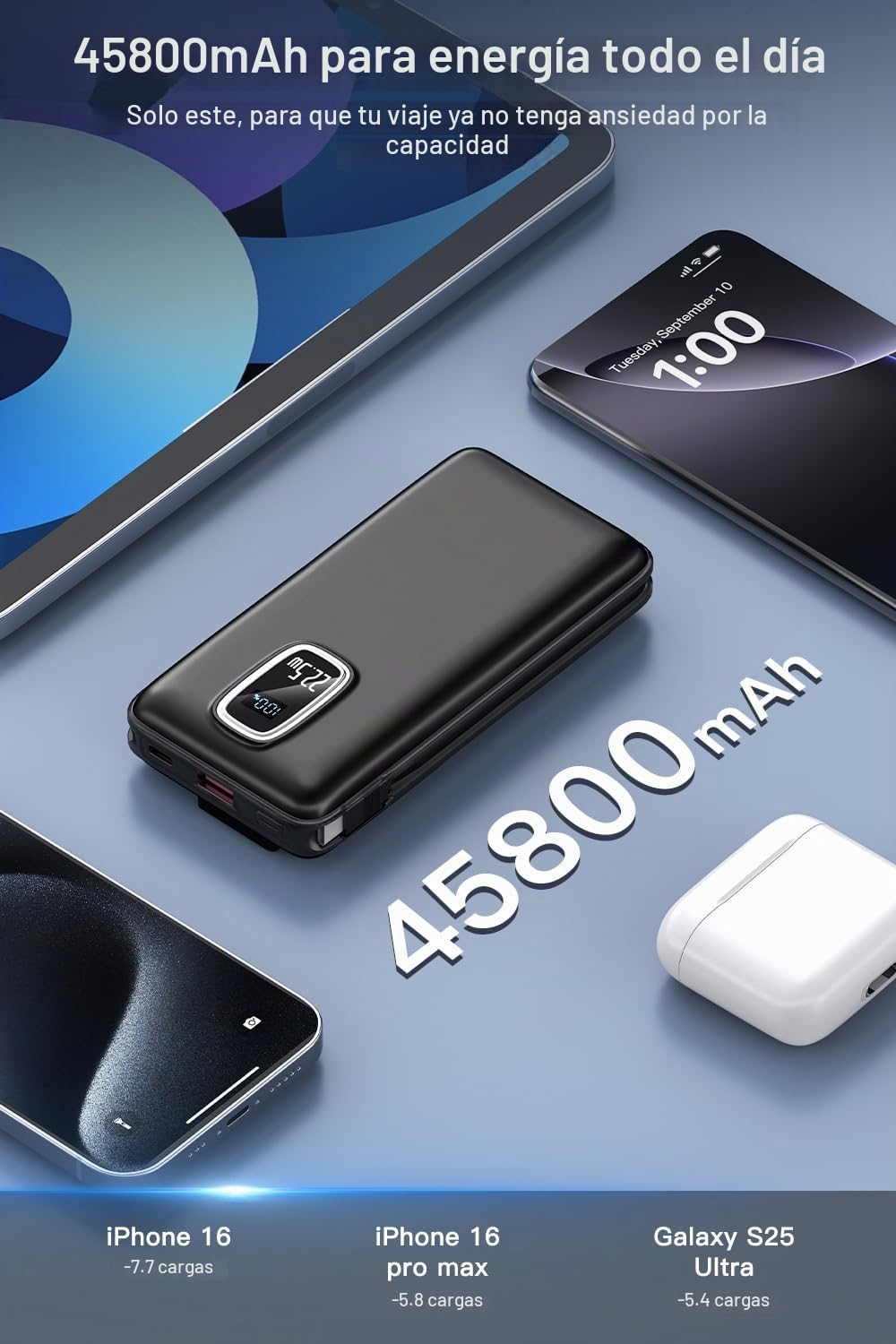BATERÍA EXTERNA DXUN 45800MAH CON CARGA RÁPIDA 22.5W Y CABLES INTEGRADOS - 3