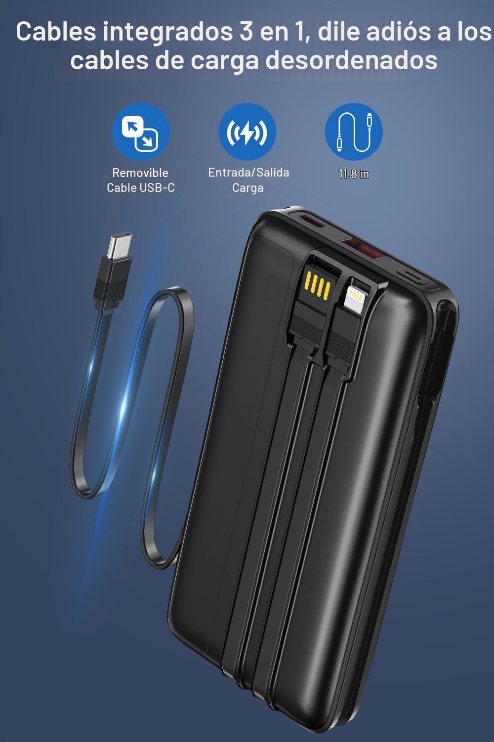 BATERÍA EXTERNA DXUN 45800MAH CON CARGA RÁPIDA 22.5W Y CABLES INTEGRADOS - 4