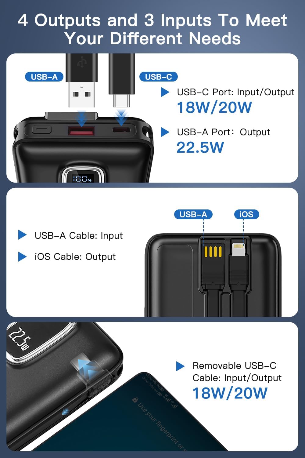 BATERÍA EXTERNA DXUN 45800MAH CON CARGA RÁPIDA 22.5W Y CABLES INTEGRADOS - 5
