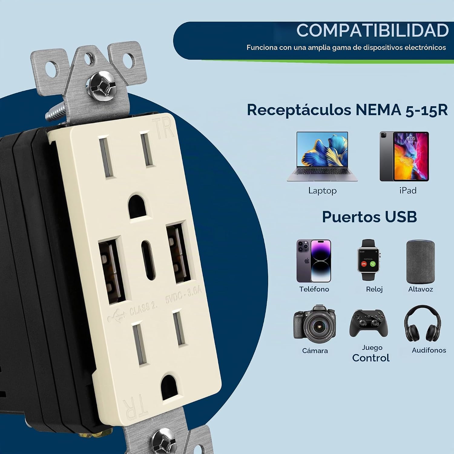TOMACORRIENTE DE PARED TOPGREENER CON CARGA USB 4.2A DUAL TIPO A Y C - 2