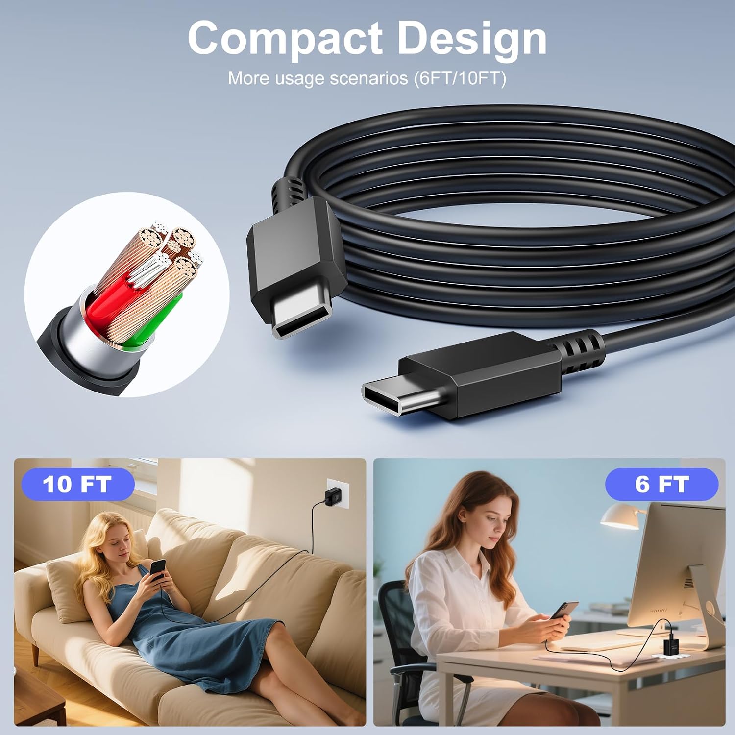 CARGADOR RÁPIDO USB-C 25W PASSZONE CON 2 CABLES DE 6 PIES PARA SAMSUNG GALAXY E IPHONE - 4