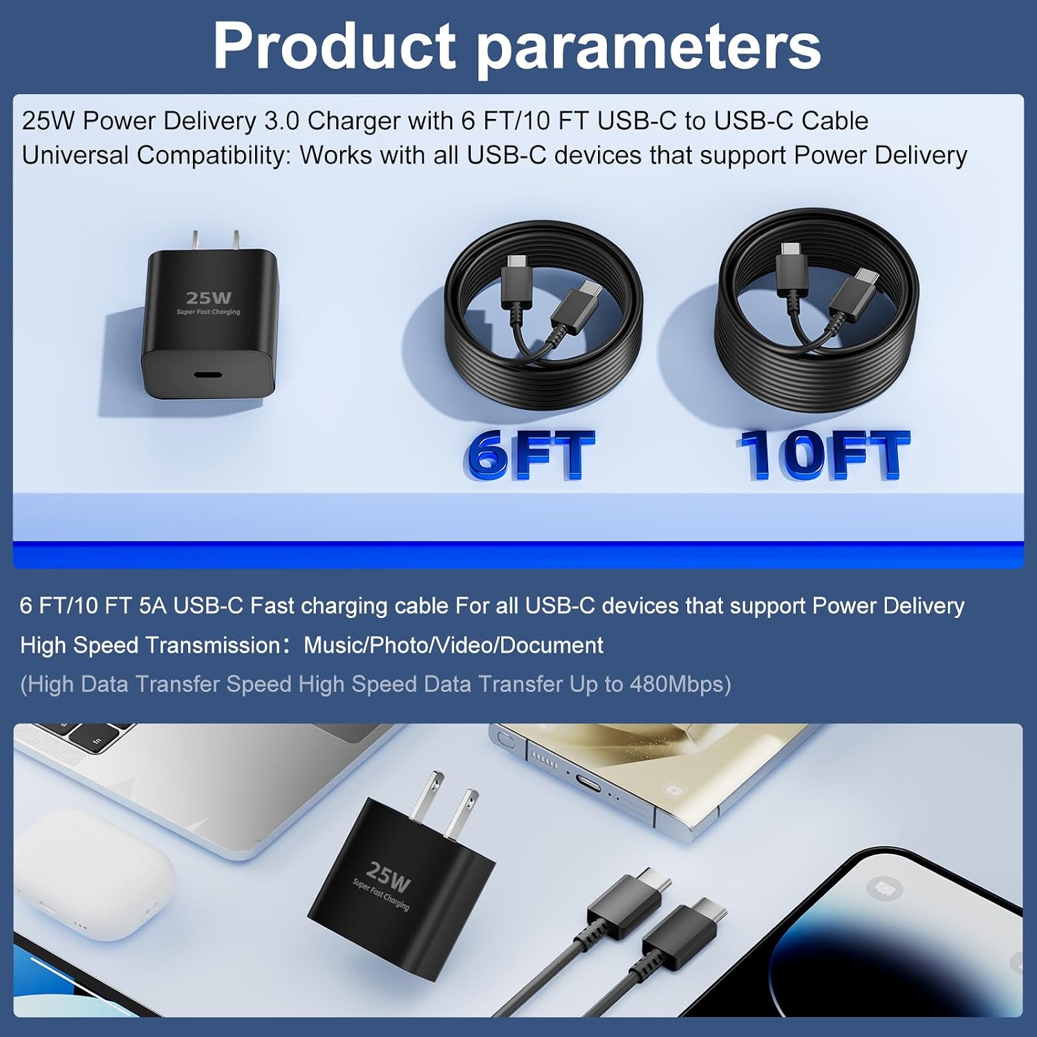 CARGADOR RÁPIDO USB-C 25W PASSZONE CON 2 CABLES DE 6 PIES PARA SAMSUNG GALAXY E IPHONE - 5