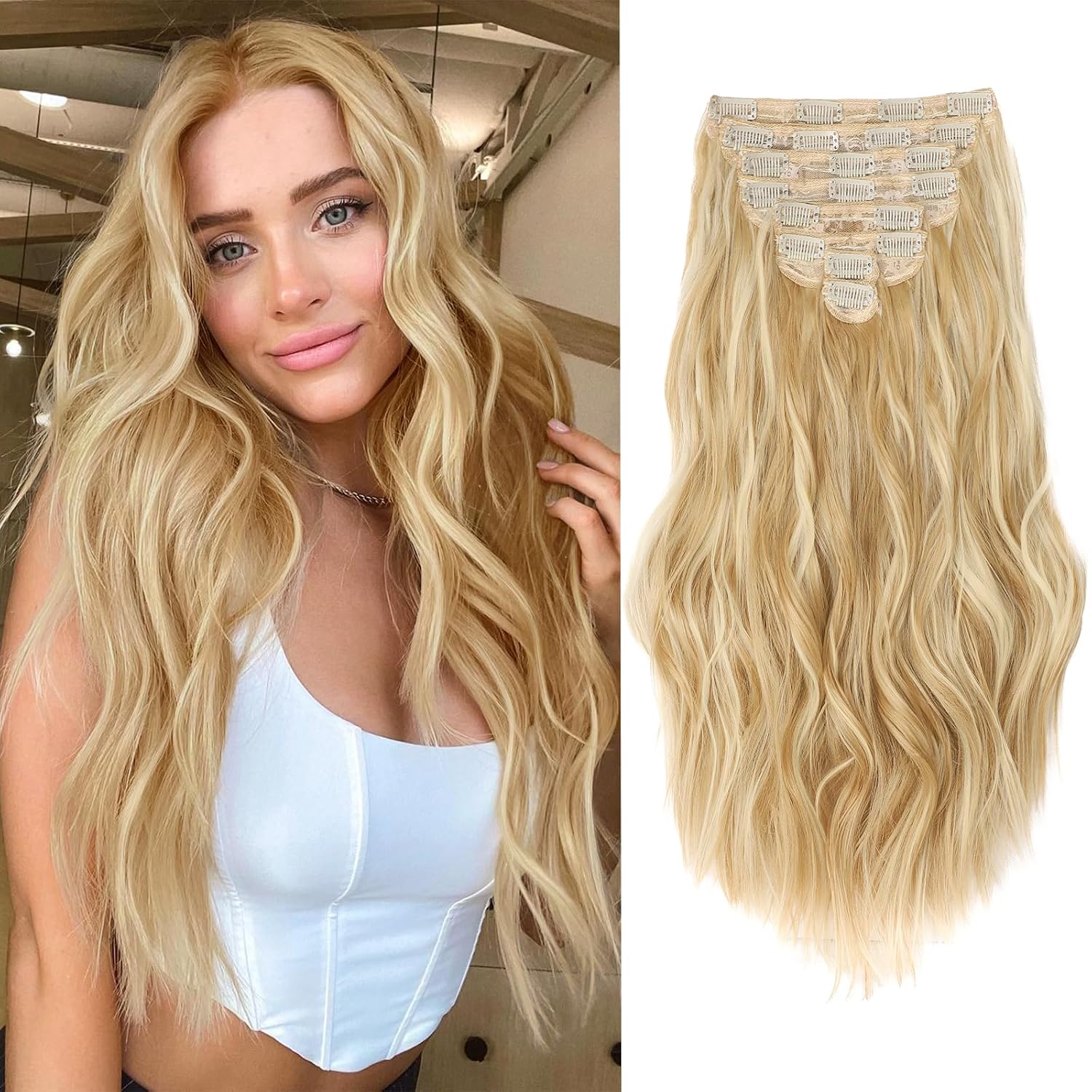 EXTENSIONES DE CABELLO CLIP-IN ONDULADAS RUBIO MIEL 8 PIEZAS 20 PULGADAS - 1
