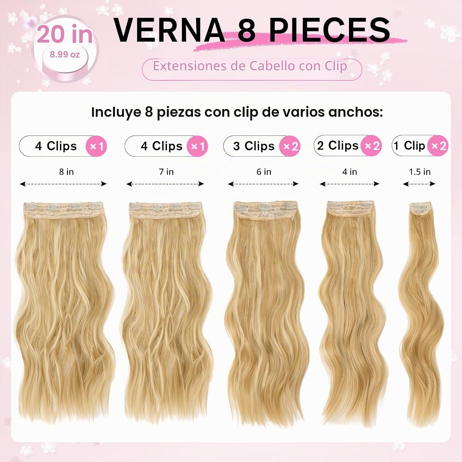 EXTENSIONES DE CABELLO CLIP-IN ONDULADAS RUBIO MIEL 8 PIEZAS 20 PULGADAS - 2