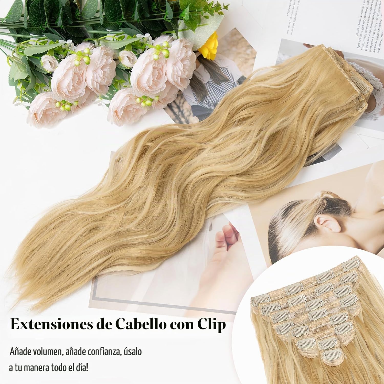 EXTENSIONES DE CABELLO CLIP-IN ONDULADAS RUBIO MIEL 8 PIEZAS 20 PULGADAS - 3