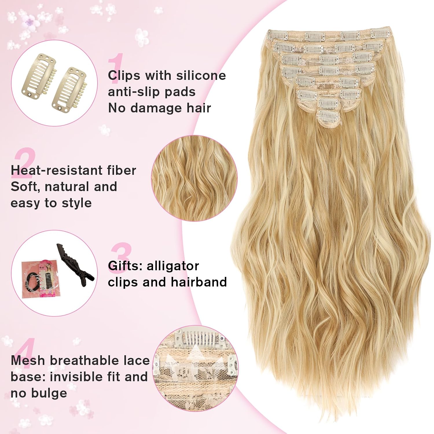 EXTENSIONES DE CABELLO CLIP-IN ONDULADAS RUBIO MIEL 8 PIEZAS 20 PULGADAS - 4