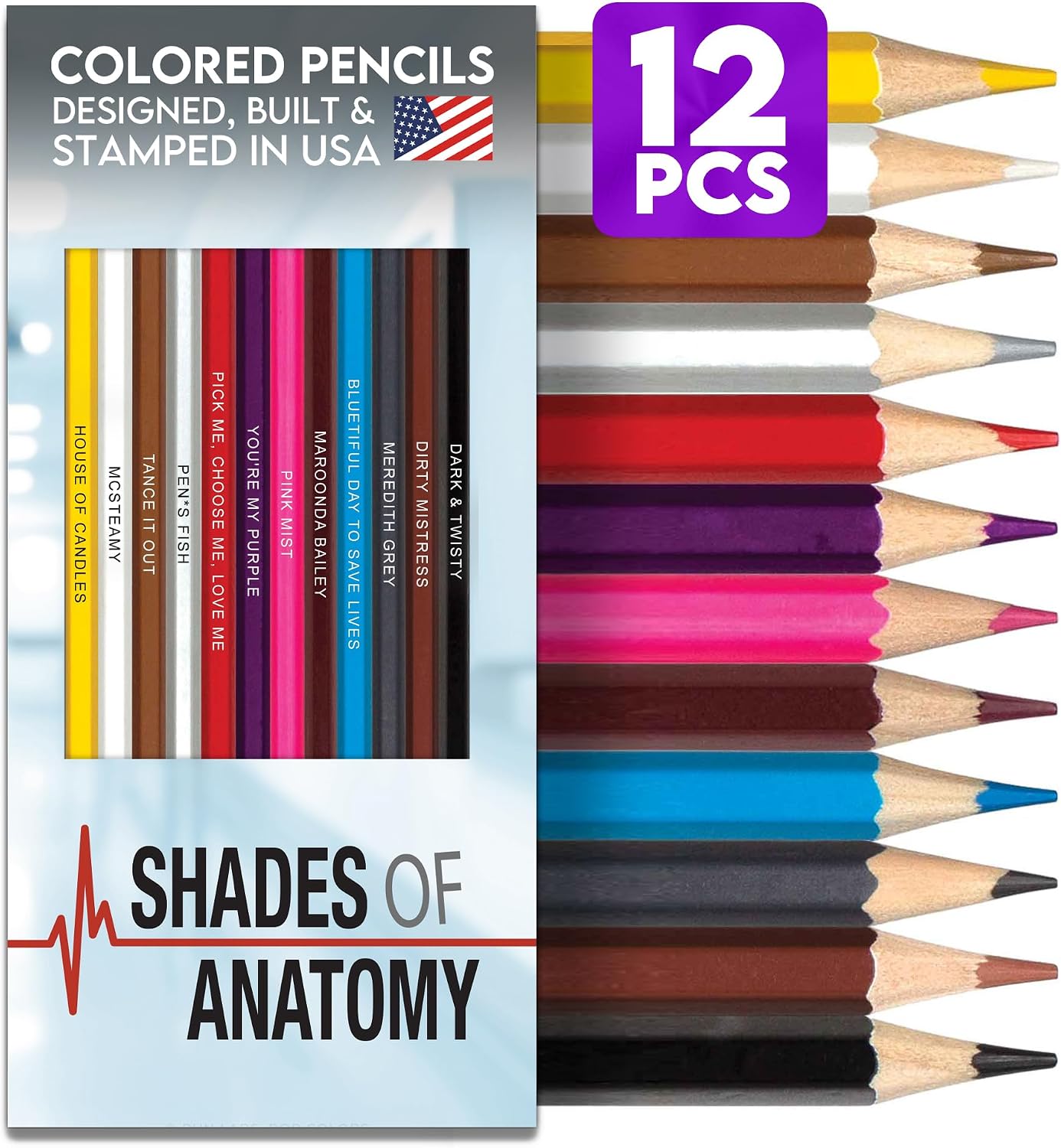 SET DE LÁPICES DE COLORES GREY'S ANATOMY CON ESTAMPADO DE LÁMINA 12 PIEZAS - 1