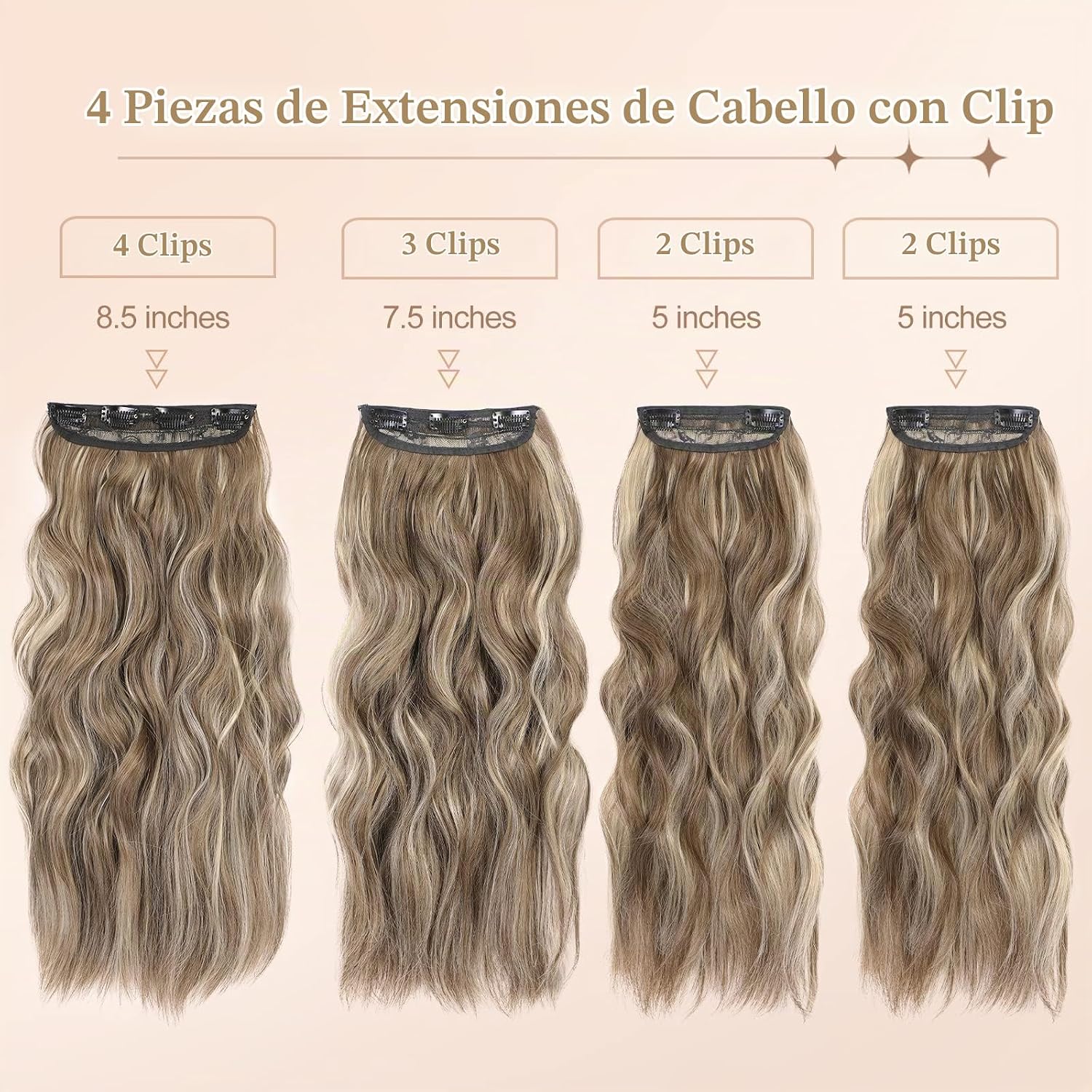 EXTENSIONES DE CABELLO CLIP IN VERNA ONDULADO BALAYAGE MARRÓN A RUBIO CARAMELO 20 PULGADAS 4 PIEZAS - 2
