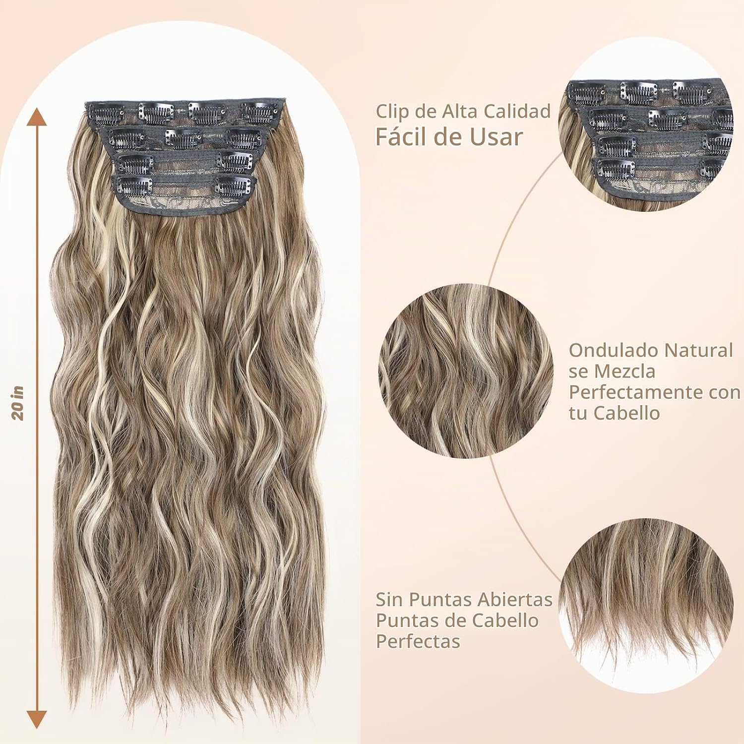 EXTENSIONES DE CABELLO CLIP IN VERNA ONDULADO BALAYAGE MARRÓN A RUBIO CARAMELO 20 PULGADAS 4 PIEZAS - 3