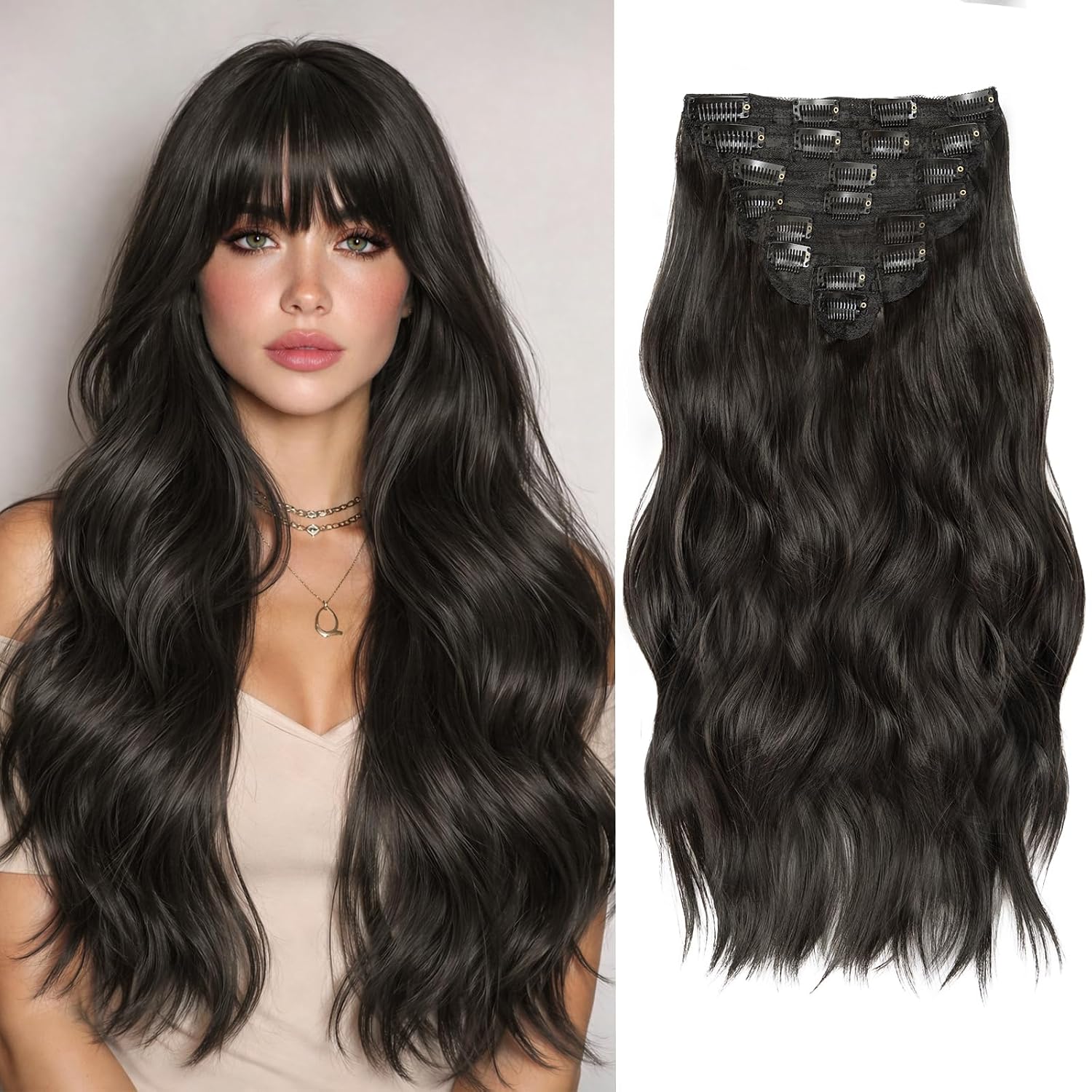 EXTENSIONES DE CABELLO CLIP IN 8 PIEZAS 20 PULGADAS NEGRO ONDULADO - 1