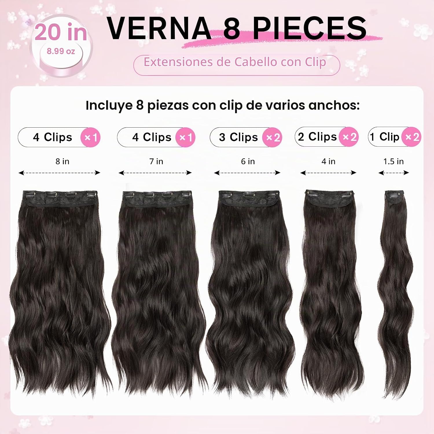 EXTENSIONES DE CABELLO CLIP IN 8 PIEZAS 20 PULGADAS NEGRO ONDULADO - 2
