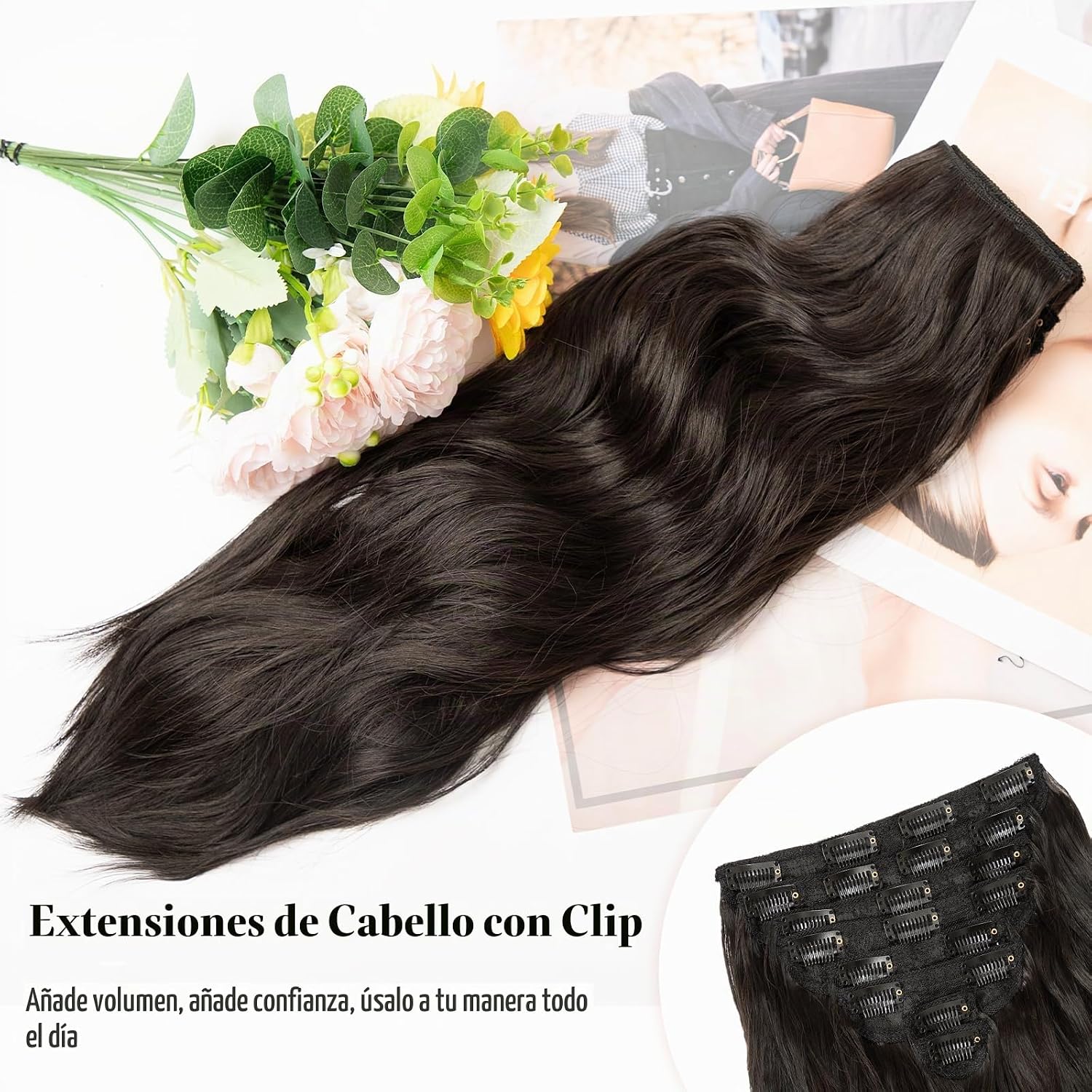 EXTENSIONES DE CABELLO CLIP IN 8 PIEZAS 20 PULGADAS NEGRO ONDULADO - 3