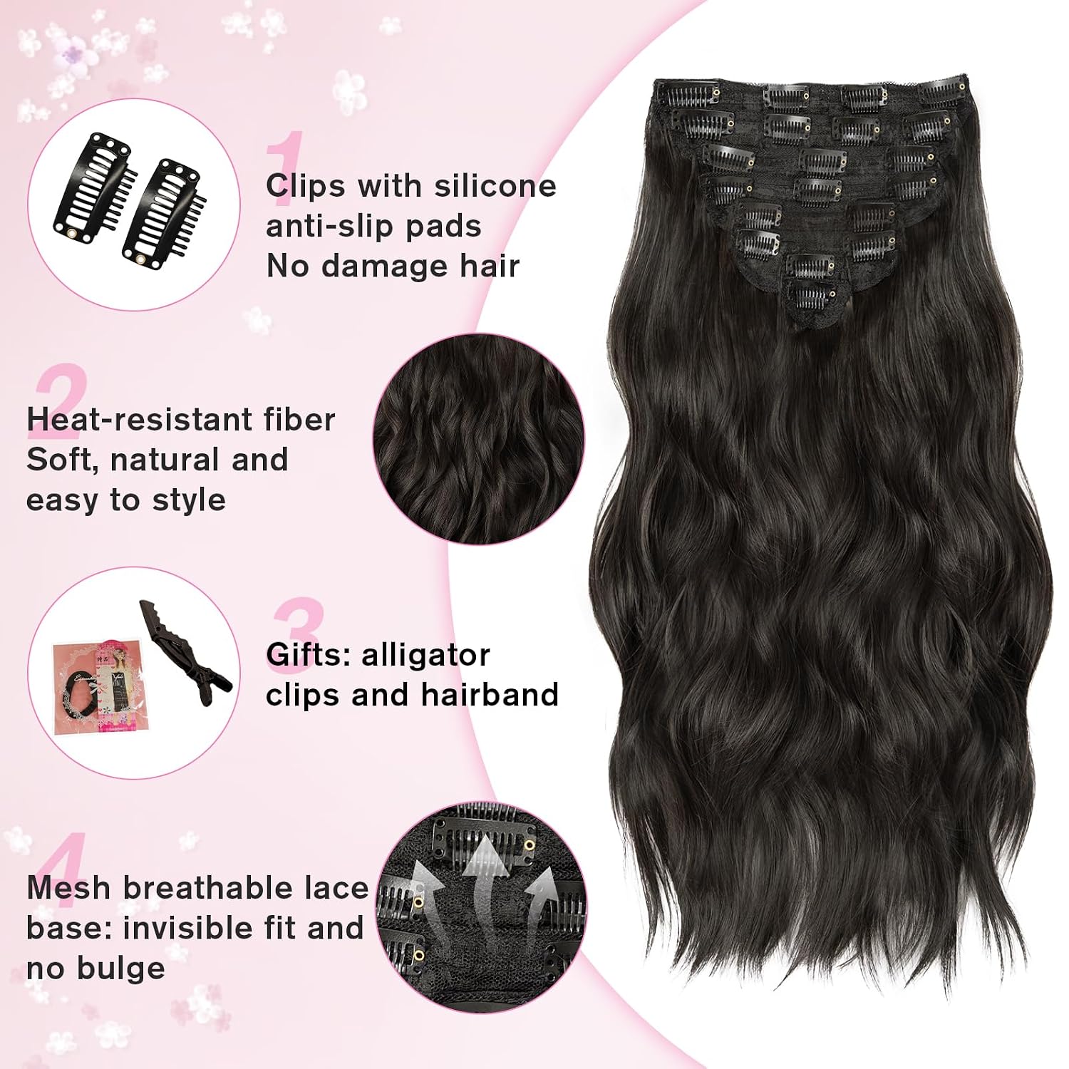 EXTENSIONES DE CABELLO CLIP IN 8 PIEZAS 20 PULGADAS NEGRO ONDULADO - 4