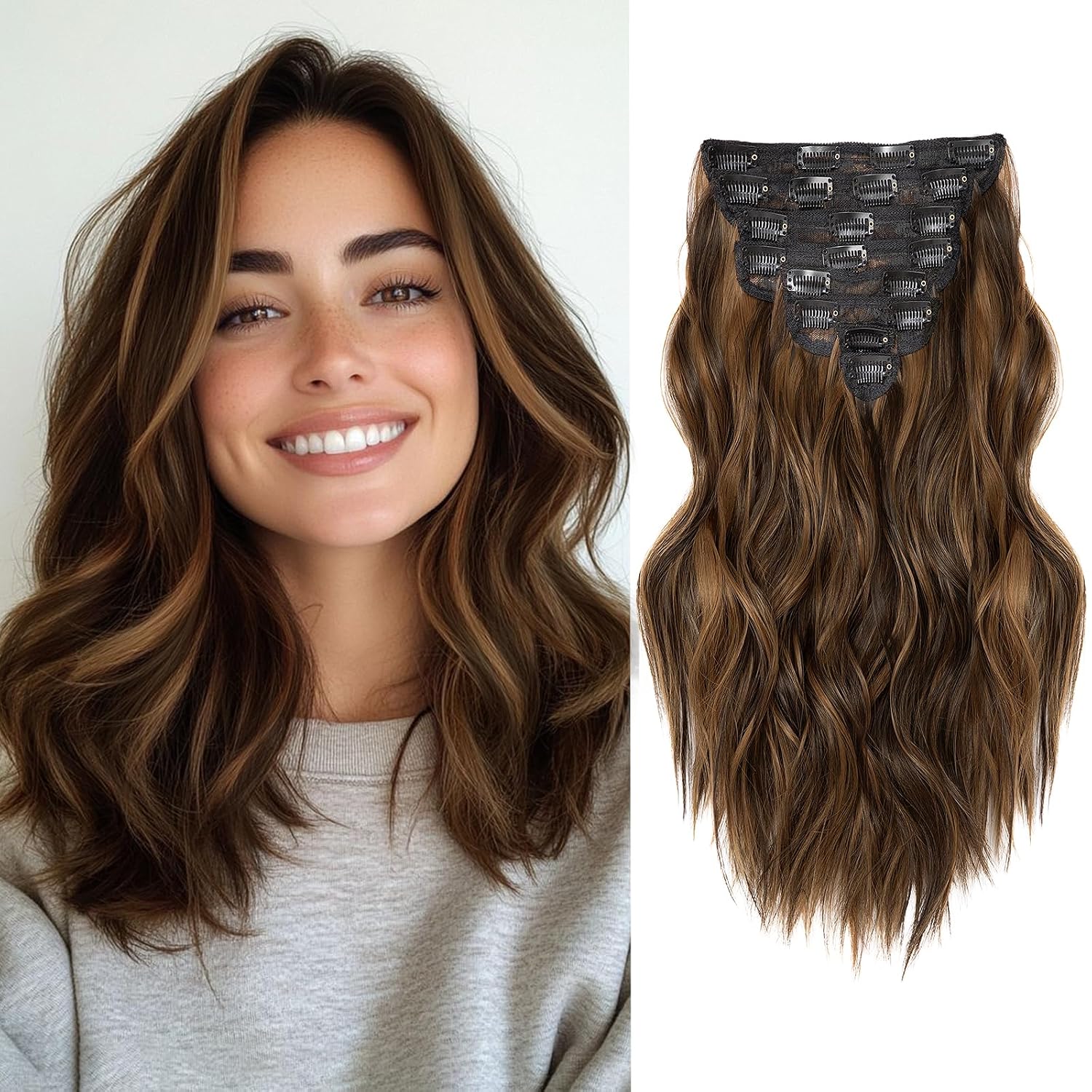 EXTENSIONES DE CABELLO CLIP IN ONDULADAS 8 PIEZAS 16 PULGADAS MARRÓN OSCURO Y MARRÓN CLARO - 1