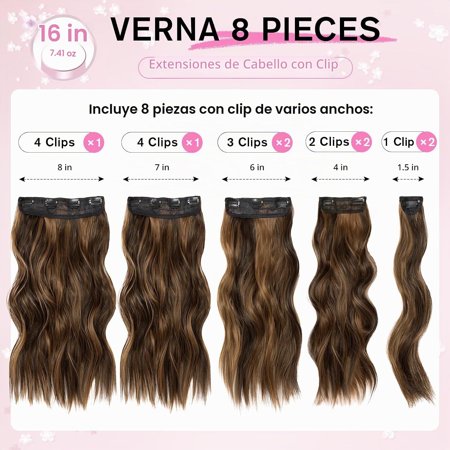 EXTENSIONES DE CABELLO CLIP IN ONDULADAS 8 PIEZAS 16 PULGADAS MARRÓN OSCURO Y MARRÓN CLARO - 2
