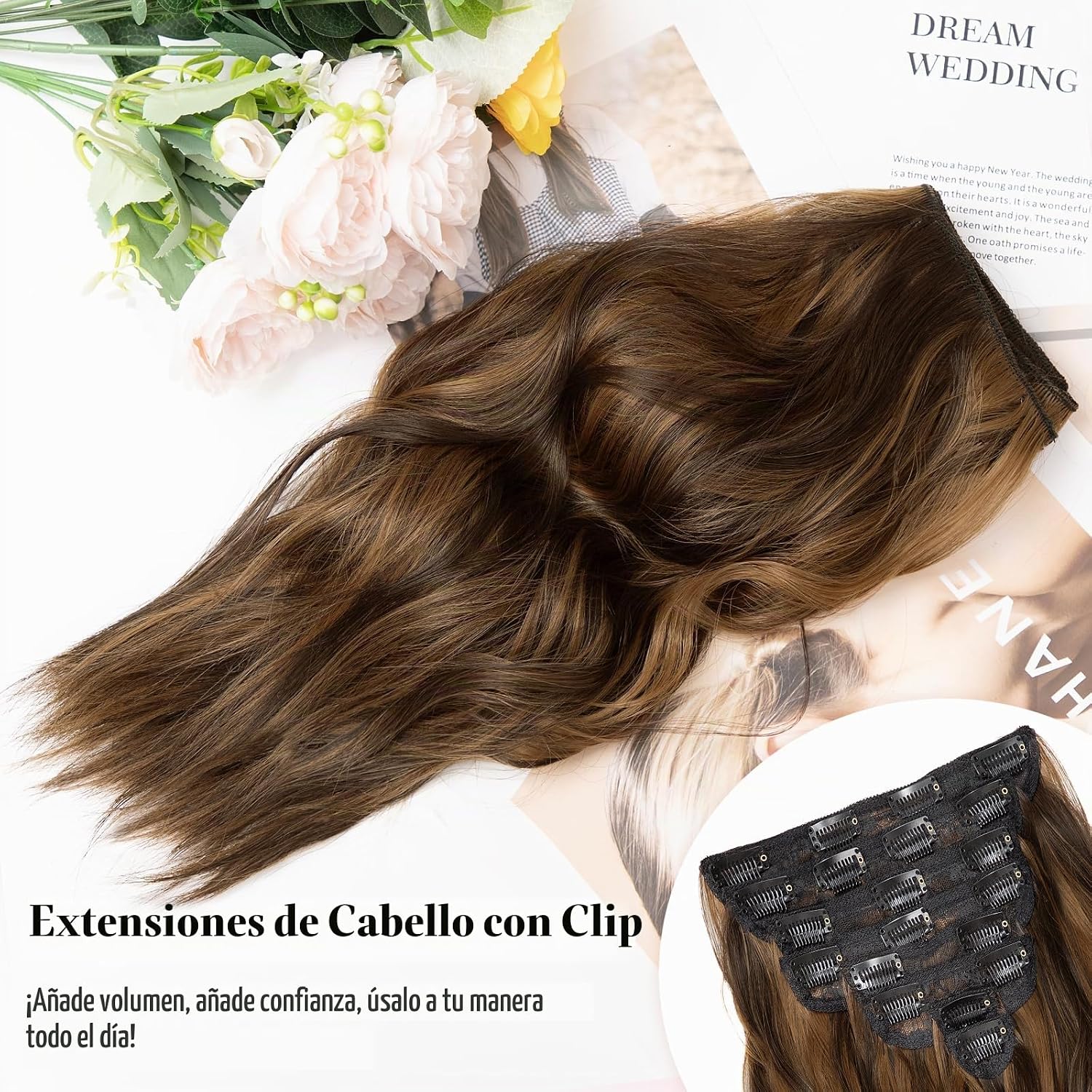 EXTENSIONES DE CABELLO CLIP IN ONDULADAS 8 PIEZAS 16 PULGADAS MARRÓN OSCURO Y MARRÓN CLARO - 3