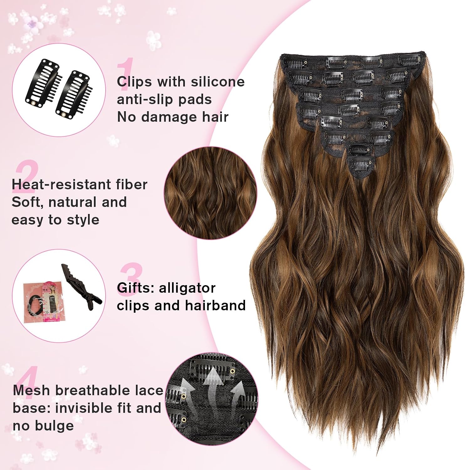 EXTENSIONES DE CABELLO CLIP IN ONDULADAS 8 PIEZAS 16 PULGADAS MARRÓN OSCURO Y MARRÓN CLARO - 4