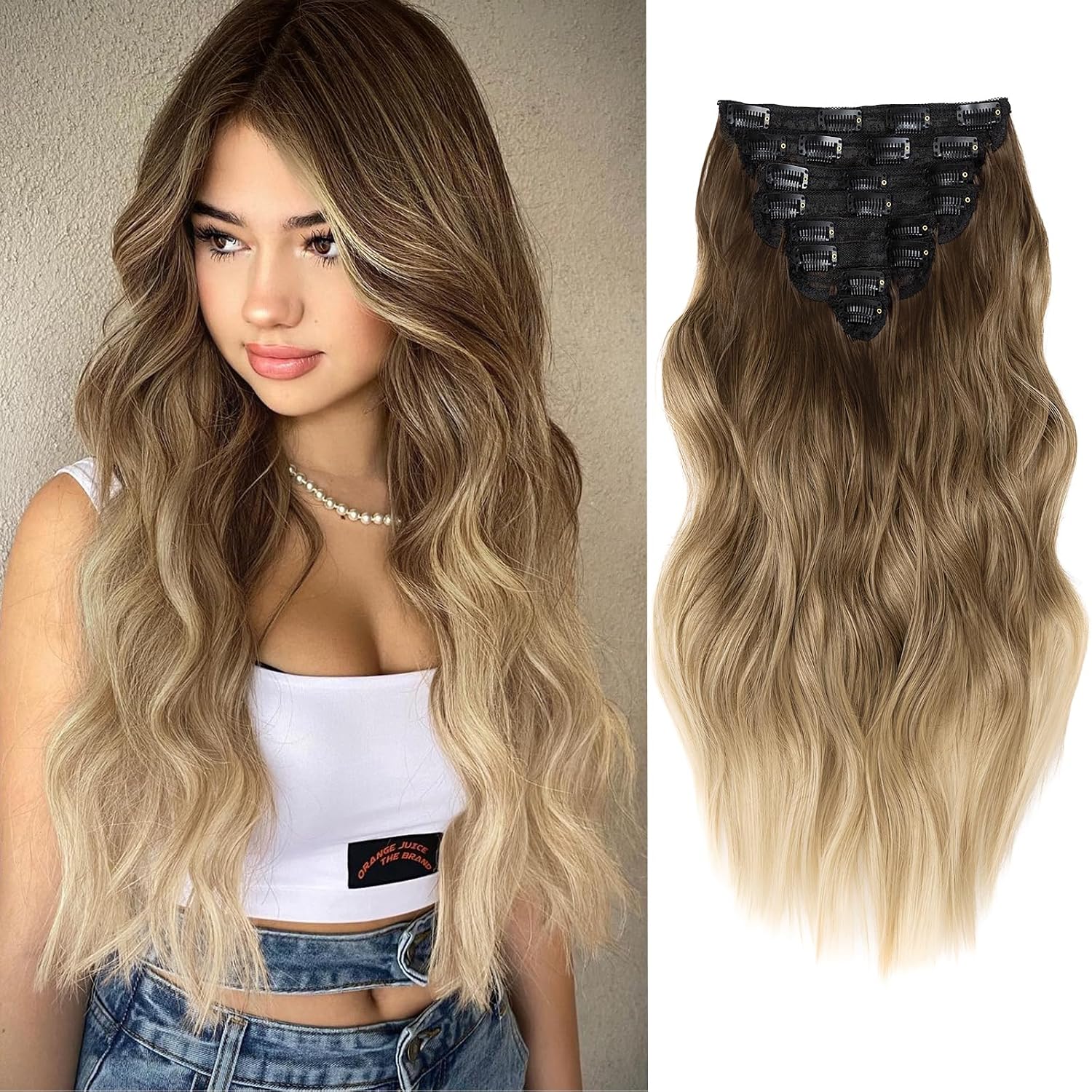 EXTENSIONES DE CABELLO CLIP IN ONDULADO OMBRÉ RUBIO 20 PULGADAS 8 PIEZAS - 1
