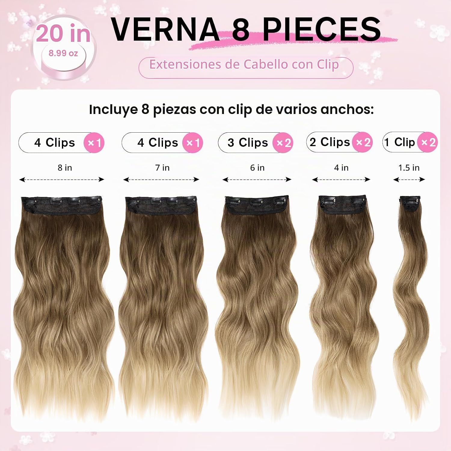 EXTENSIONES DE CABELLO CLIP IN ONDULADO OMBRÉ RUBIO 20 PULGADAS 8 PIEZAS - 2