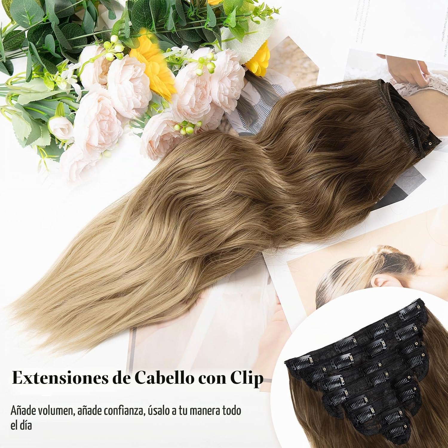 EXTENSIONES DE CABELLO CLIP IN ONDULADO OMBRÉ RUBIO 20 PULGADAS 8 PIEZAS - 3
