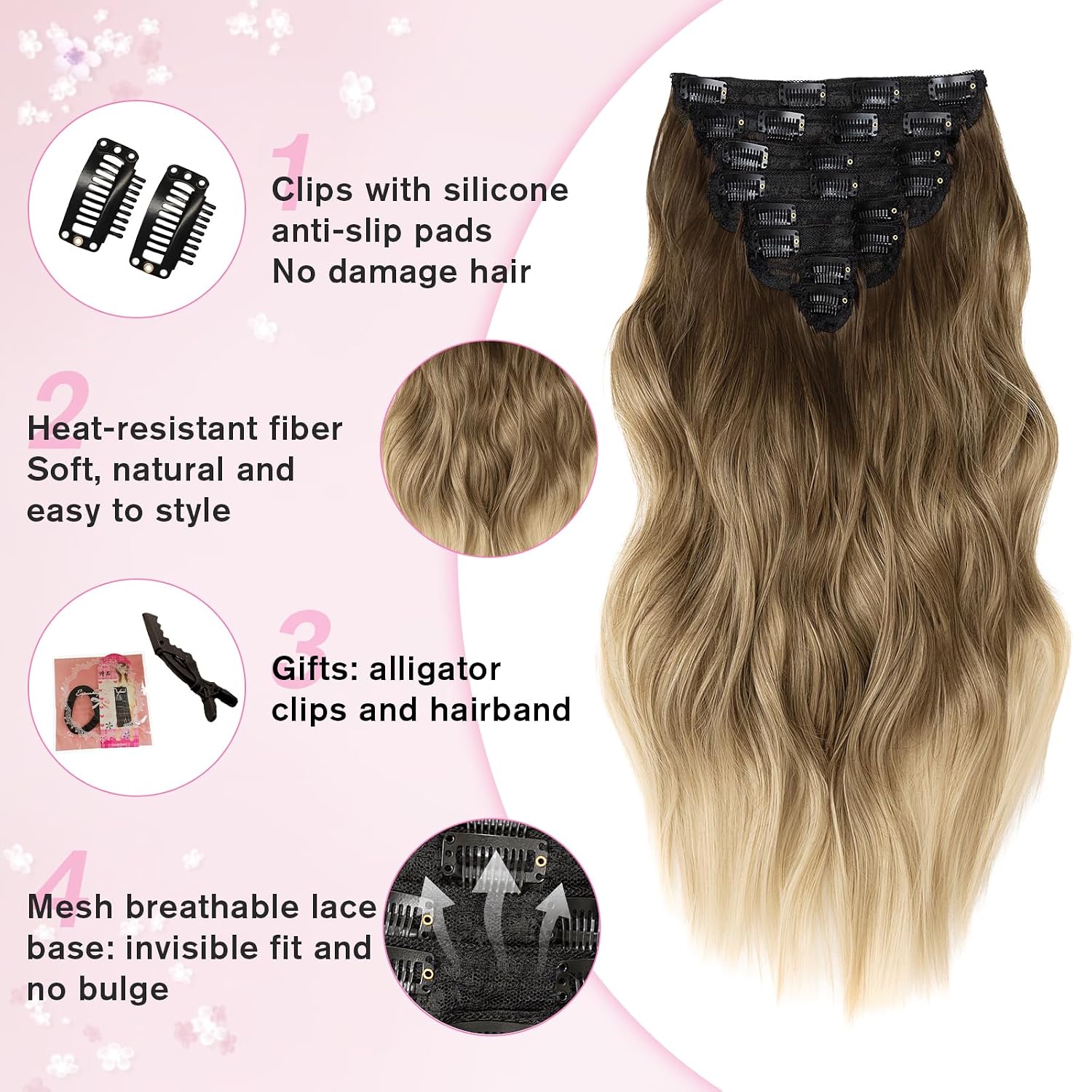 EXTENSIONES DE CABELLO CLIP IN ONDULADO OMBRÉ RUBIO 20 PULGADAS 8 PIEZAS - 4