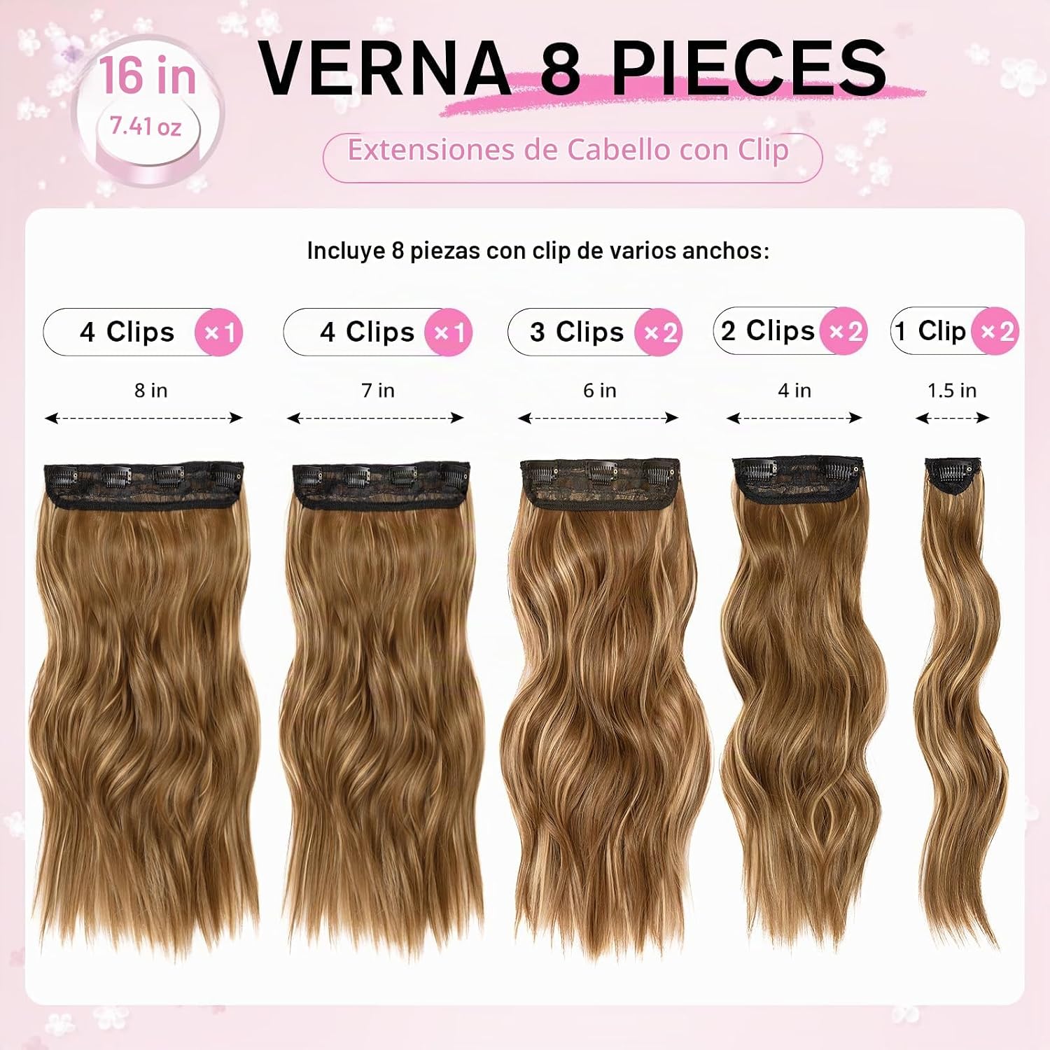 EXTENSIONES DE CABELLO CLIP IN VERNA 8 PIEZAS 16 PULGADAS CASTAÑO MARRÓN - 2