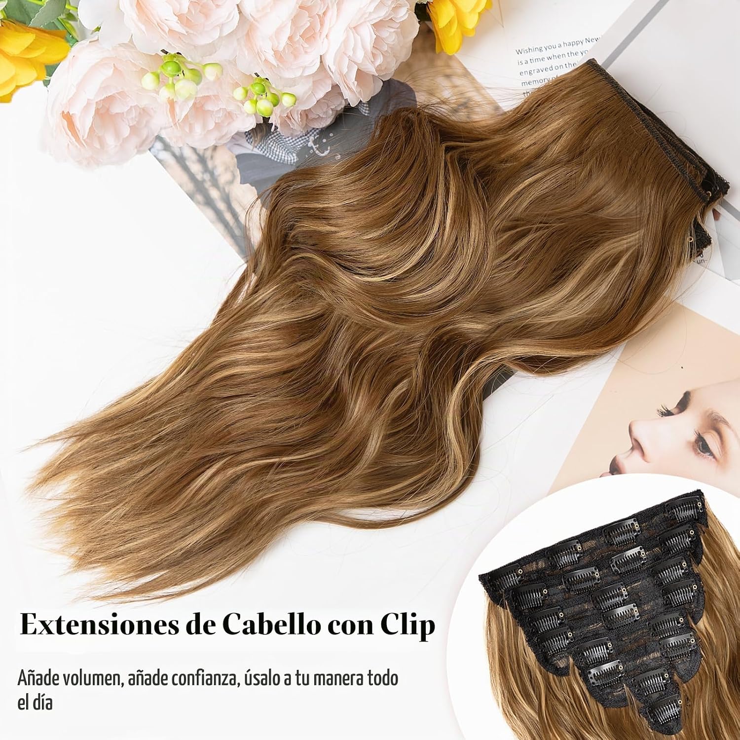 EXTENSIONES DE CABELLO CLIP IN VERNA 8 PIEZAS 16 PULGADAS CASTAÑO MARRÓN - 3
