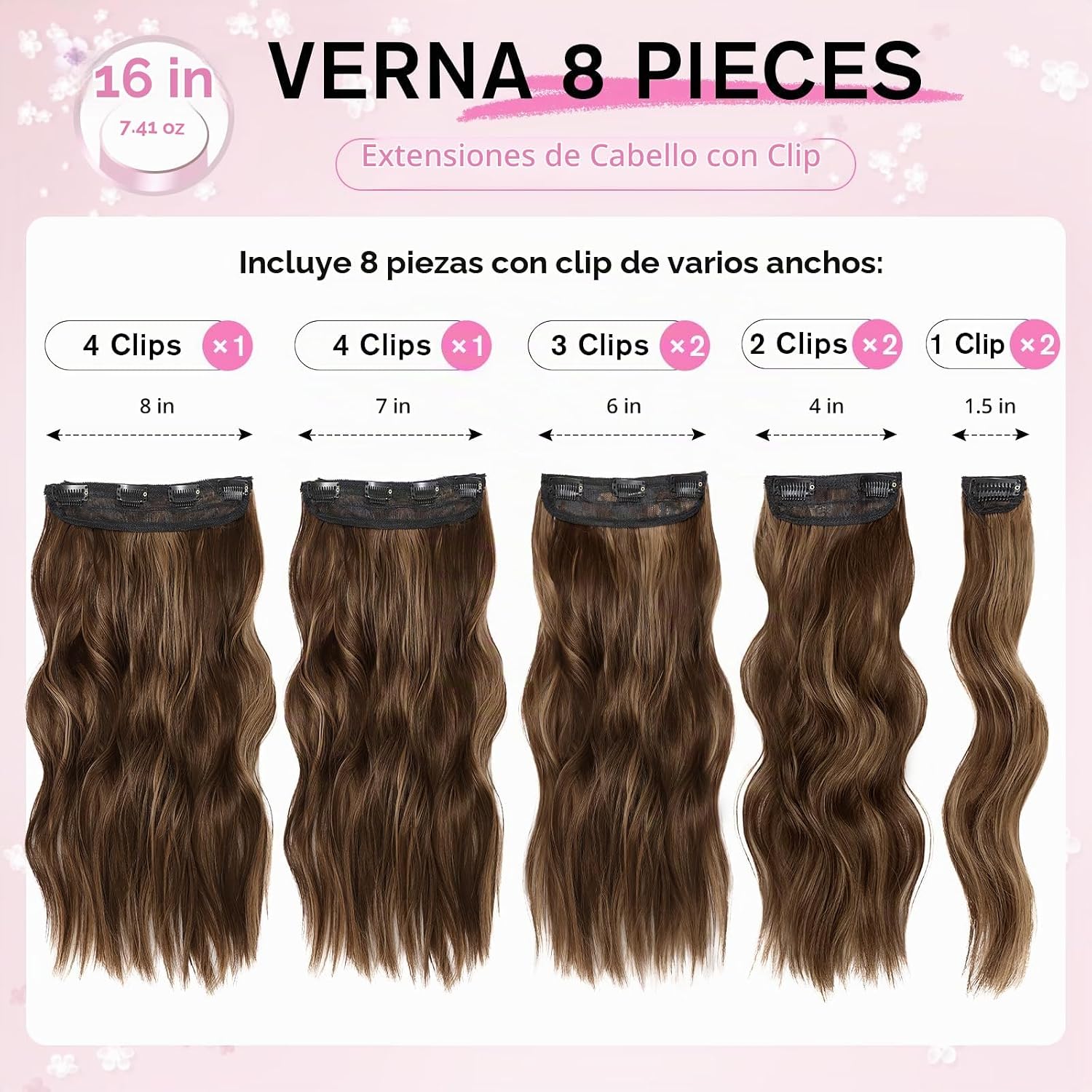 EXTENSIONES DE CABELLO CLIP-IN ONDULADAS RUBIO CLARO 8 PIEZAS 16 PULGADAS - 2