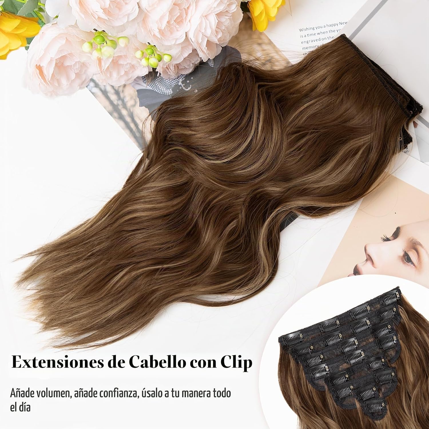 EXTENSIONES DE CABELLO CLIP-IN ONDULADAS RUBIO CLARO 8 PIEZAS 16 PULGADAS - 3