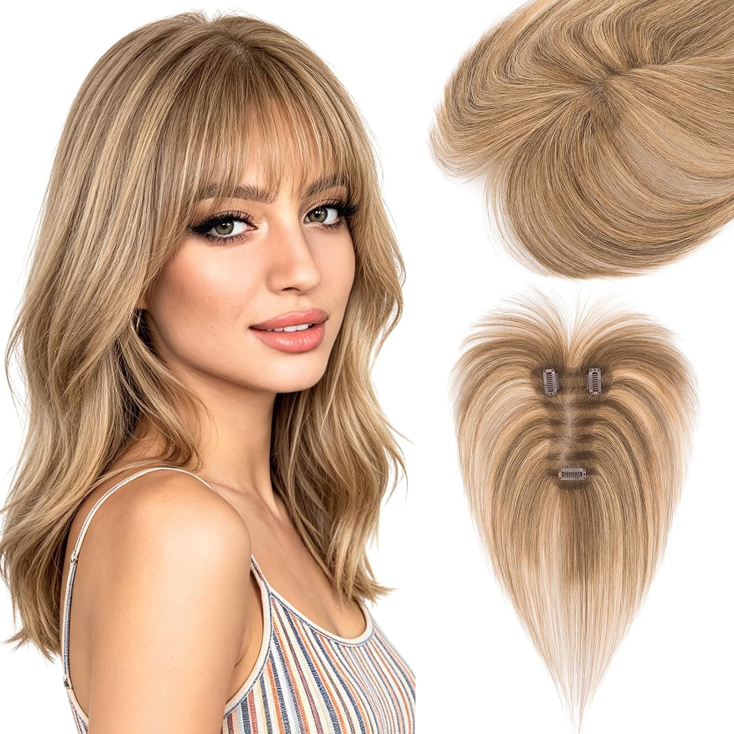 FLEQUILLO POSTIZO HAIRRO CABELLO HUMANO CON BASE DE SEDA COLOR CASTAÑO MEDIO CON RUBIO OSCURO 10 PULGADAS - 1