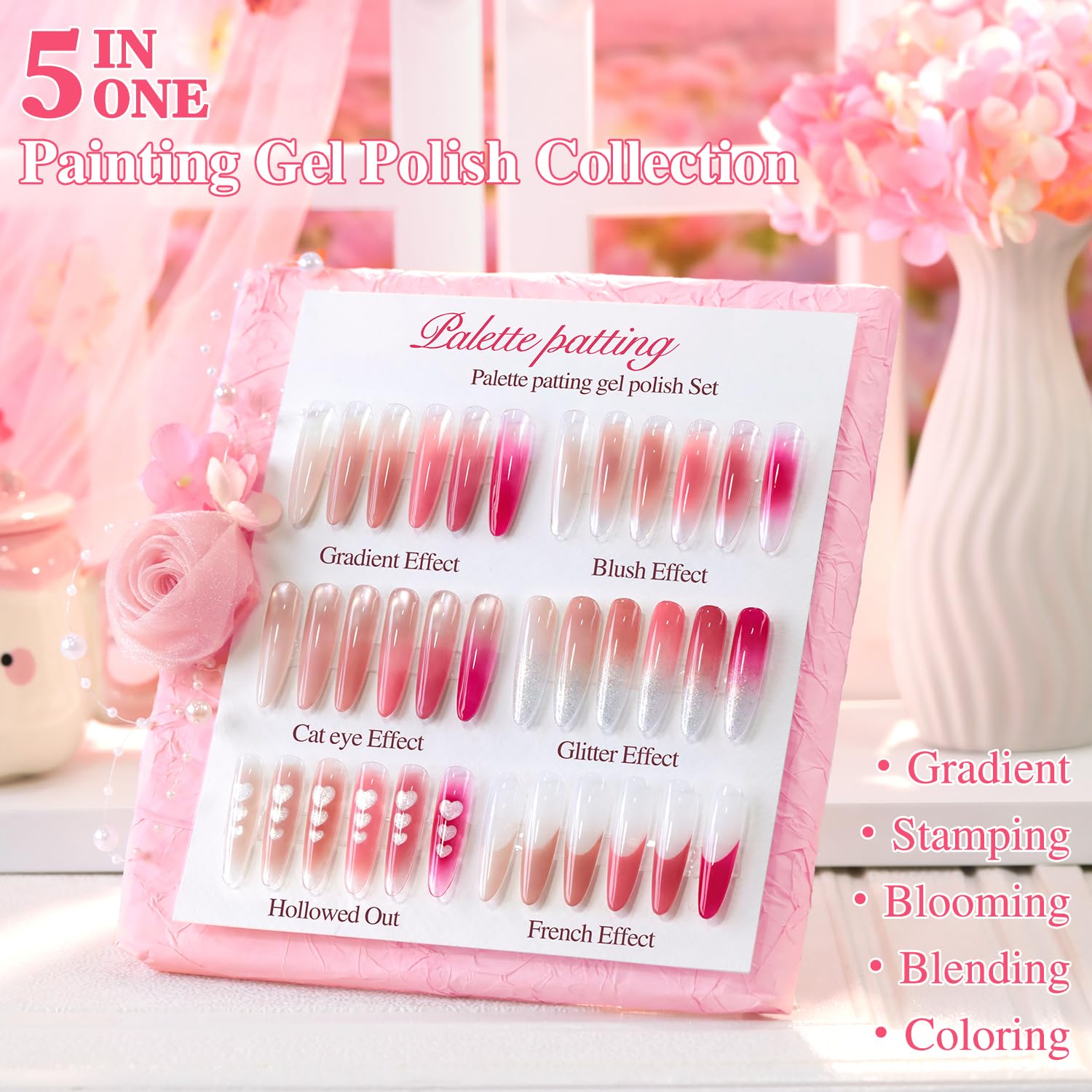 SET DE ESMALTES GEL DOUBLE RHYTHM PARA NAIL ART 6 COLORES NUDE ROSA CON ESPONJAS Y HERRAMIENTAS - 4
