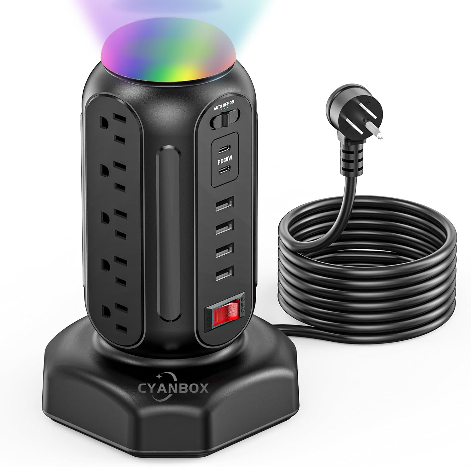 REGLETA DE ESCRITORIO TORRE CYAN BOX 15 TOMAS AC + 6 PUERTOS USB CON CARGA RÁPIDA PD 30W Y LUZ NOCTURNA RGB - 1